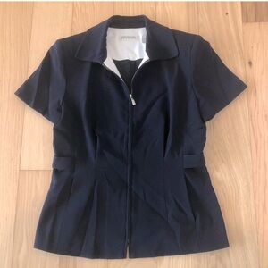 Ann Tylor. Petite. Dark Navy Full Front Zip Short Sleeves Peplum Jacket 8P